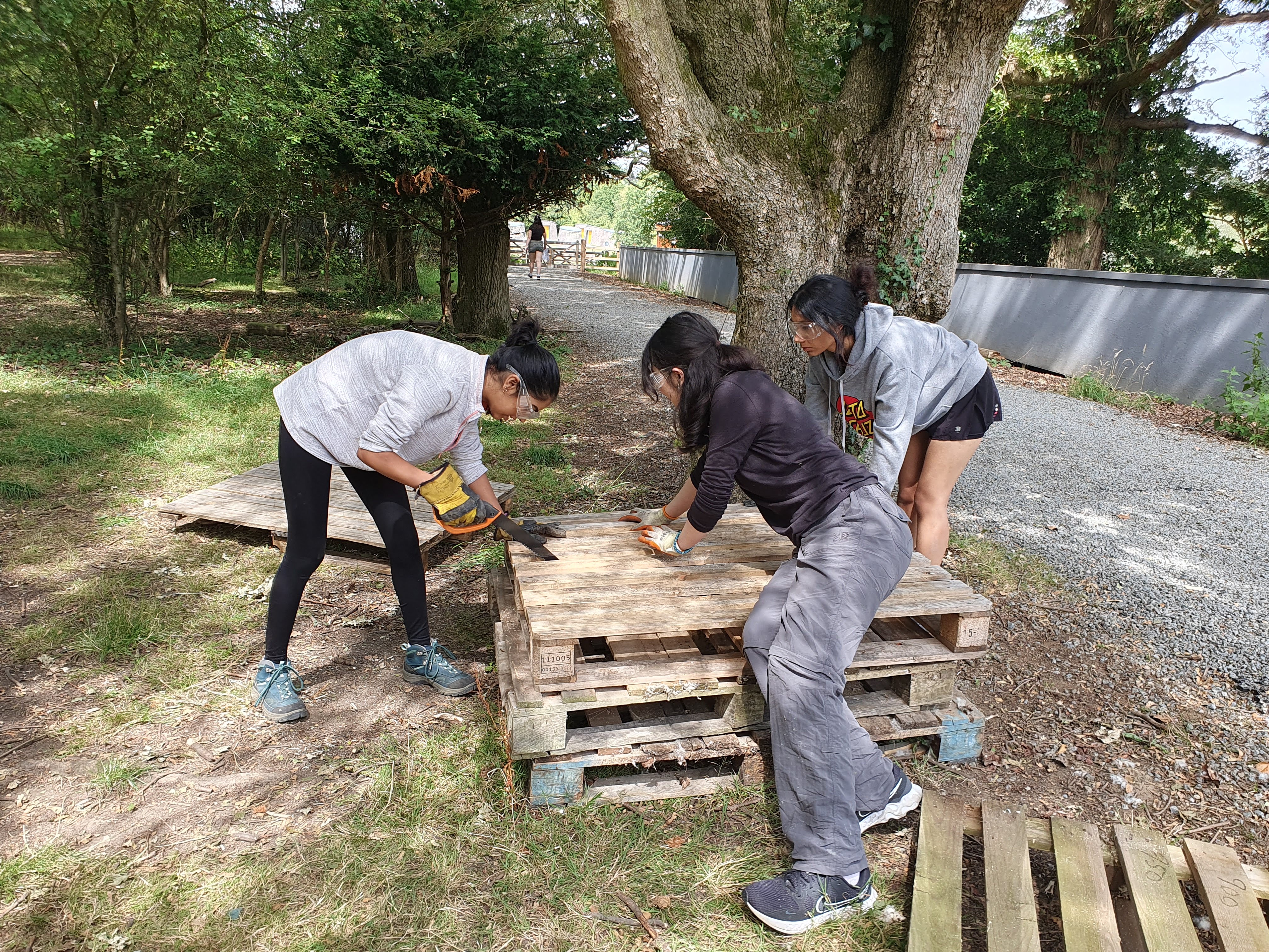 Three teenage girls are wearing safety goggles and holding saws. One is cutting through a palette to make a large bug hotel for the site