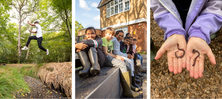 three images showing 1 a boy jumping over a stream in the forest, 2 a group of 10 year olds sat on a grey bench outdoors and smiling, 3 a close up of a child's hands who is holding a worm in each hand
