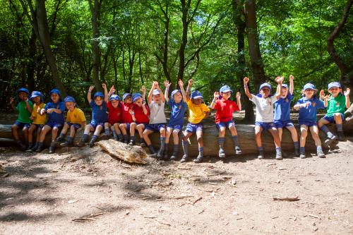 KS1 boys sitting on a log with their hands up