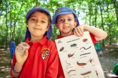 2 ks1 boys in the forest, one holding a small pot with an invertebrate, one holding an animal detective ID sheet