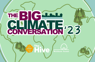 big climate conversation 2023 logo on a background of a simplified light green earth, with a few tree icons over south america, australia and asia. 